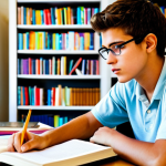 A student studying with books and notes, focused and confident, in a brightly lit room. Keywords: Study, focused, confident, bright, books, notes.