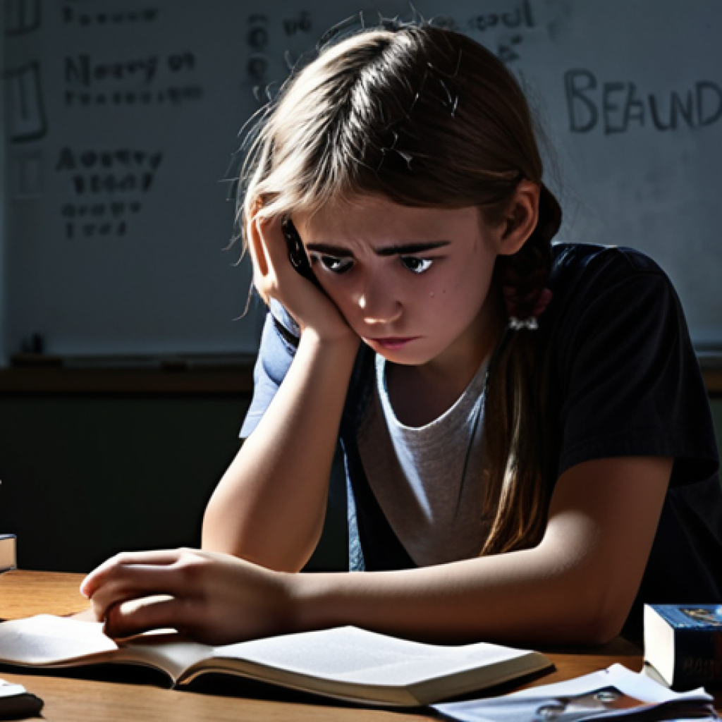 A distressed teenager sitting alone in a dimly lit room, overwhelmed by school books and social media notifications on their phone. The scene should evoke feelings of anxiety and pressure, representing the mental health challenges faced by adolescents. Include visual cues like teary eyes, slumped posture, and a chaotic background.