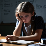 A distressed teenager sitting alone in a dimly lit room, overwhelmed by school books and social media notifications on their phone. The scene should evoke feelings of anxiety and pressure, representing the mental health challenges faced by adolescents. Include visual cues like teary eyes, slumped posture, and a chaotic background.