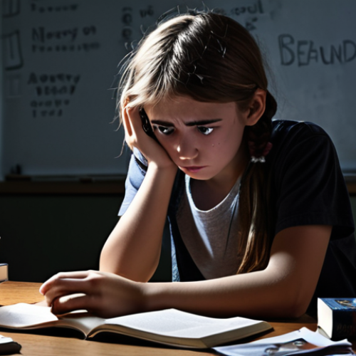 A distressed teenager sitting alone in a dimly lit room, overwhelmed by school books and social media notifications on their phone. The scene should evoke feelings of anxiety and pressure, representing the mental health challenges faced by adolescents. Include visual cues like teary eyes, slumped posture, and a chaotic background.