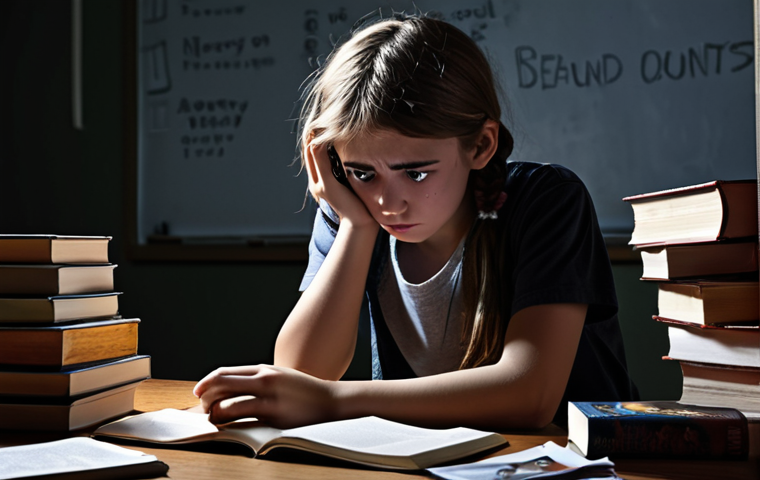 A distressed teenager sitting alone in a dimly lit room, overwhelmed by school books and social media notifications on their phone. The scene should evoke feelings of anxiety and pressure, representing the mental health challenges faced by adolescents. Include visual cues like teary eyes, slumped posture, and a chaotic background.