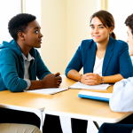 A professional young female counselor, fully clothed in a modest business casual outfit, is leading a discussion with a diverse group of fully clothed young adults in a brightly lit, modern community center. The youth, in appropriate attire, are actively listening and engaging around a table, with natural poses and well-formed hands. The atmosphere is inclusive and empathetic, promoting multicultural understanding and positive communication. Perfect anatomy, correct proportions, professional photography, high quality, safe for work, appropriate content, family-friendly.