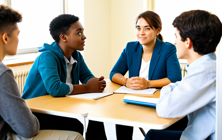 A professional young female counselor, fully clothed in a modest business casual outfit, is leading a discussion with a diverse group of fully clothed young adults in a brightly lit, modern community center. The youth, in appropriate attire, are actively listening and engaging around a table, with natural poses and well-formed hands. The atmosphere is inclusive and empathetic, promoting multicultural understanding and positive communication. Perfect anatomy, correct proportions, professional photography, high quality, safe for work, appropriate content, family-friendly.
