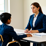 A compassionate female youth counselor, dressed in a modest business suit, is attentively listening to a diverse group of teenagers seated around a table in a bright, modern school counseling office. The atmosphere is supportive and encouraging, with natural light filtering through large windows. Professional photography, high resolution, realistic art style, perfect anatomy, correct proportions, natural pose, well-formed hands, proper finger count, natural body proportions, safe for work, appropriate content, fully clothed, professional dress, family-friendly.