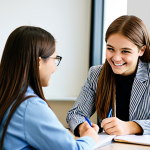 **

"A professional teenage guidance counselor, fully clothed in modest attire, smiling warmly while listening attentively to a teenage student in a modern, brightly lit office. The counselor is taking notes. Safe for work, appropriate content, family-friendly, perfect anatomy, natural proportions, well-formed hands."

**