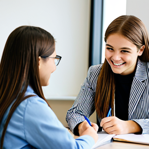 **

"A professional teenage guidance counselor, fully clothed in modest attire, smiling warmly while listening attentively to a teenage student in a modern, brightly lit office. The counselor is taking notes. Safe for work, appropriate content, family-friendly, perfect anatomy, natural proportions, well-formed hands."

**