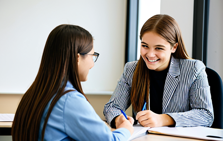 **
"A professional teenage guidance counselor, fully clothed in modest attire, smiling warmly while listening attentively to a teenage student in a modern, brightly lit office. The counselor is taking notes. Safe for work, appropriate content, family-friendly, perfect anatomy, natural proportions, well-formed hands."
**