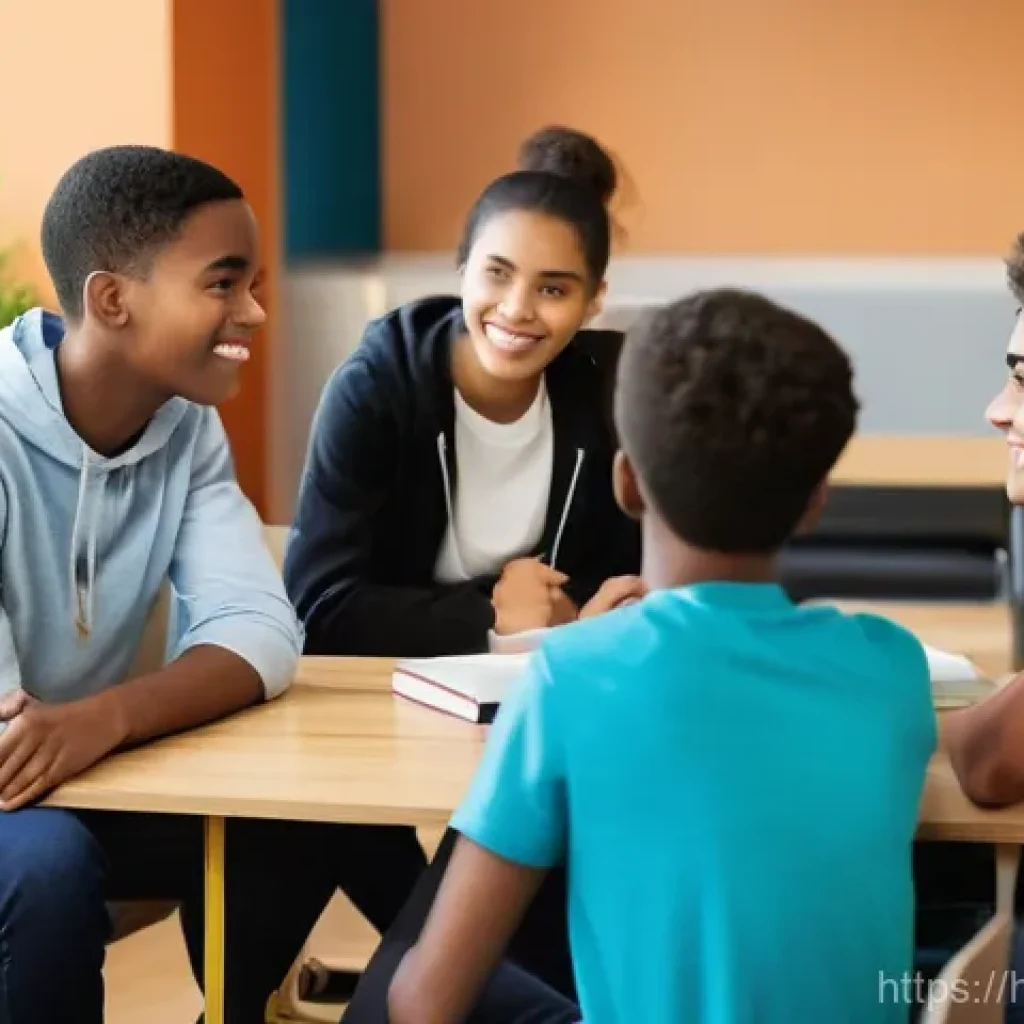 청소년지도사와 청소년의 가족 관계 개선 사례 - **Prompt:** "A diverse group of 3-4 teenagers (ages 15-17) and a supportive young adult mentor (25-3...