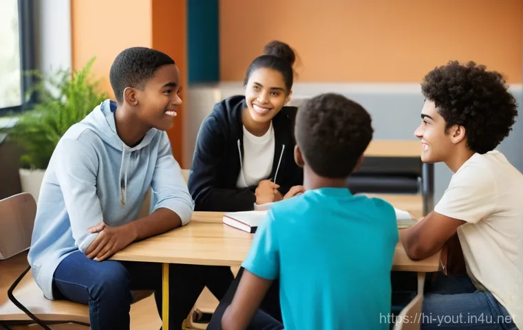 청소년지도사와 청소년의 가족 관계 개선 사례 - **Prompt:** "A diverse group of 3-4 teenagers (ages 15-17) and a supportive young adult mentor (25-3...