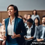 청소년지도사로서의 대중 강연 경험 - **Prompt:** A dynamic, split-panel image showcasing a professional adult speaker (male or female, dr...