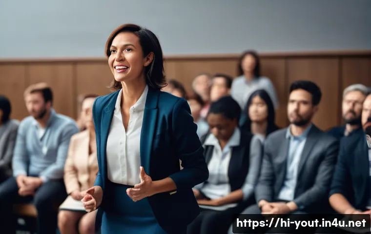 청소년지도사로서의 대중 강연 경험 - **Prompt:** A dynamic, split-panel image showcasing a professional adult speaker (male or female, dr...