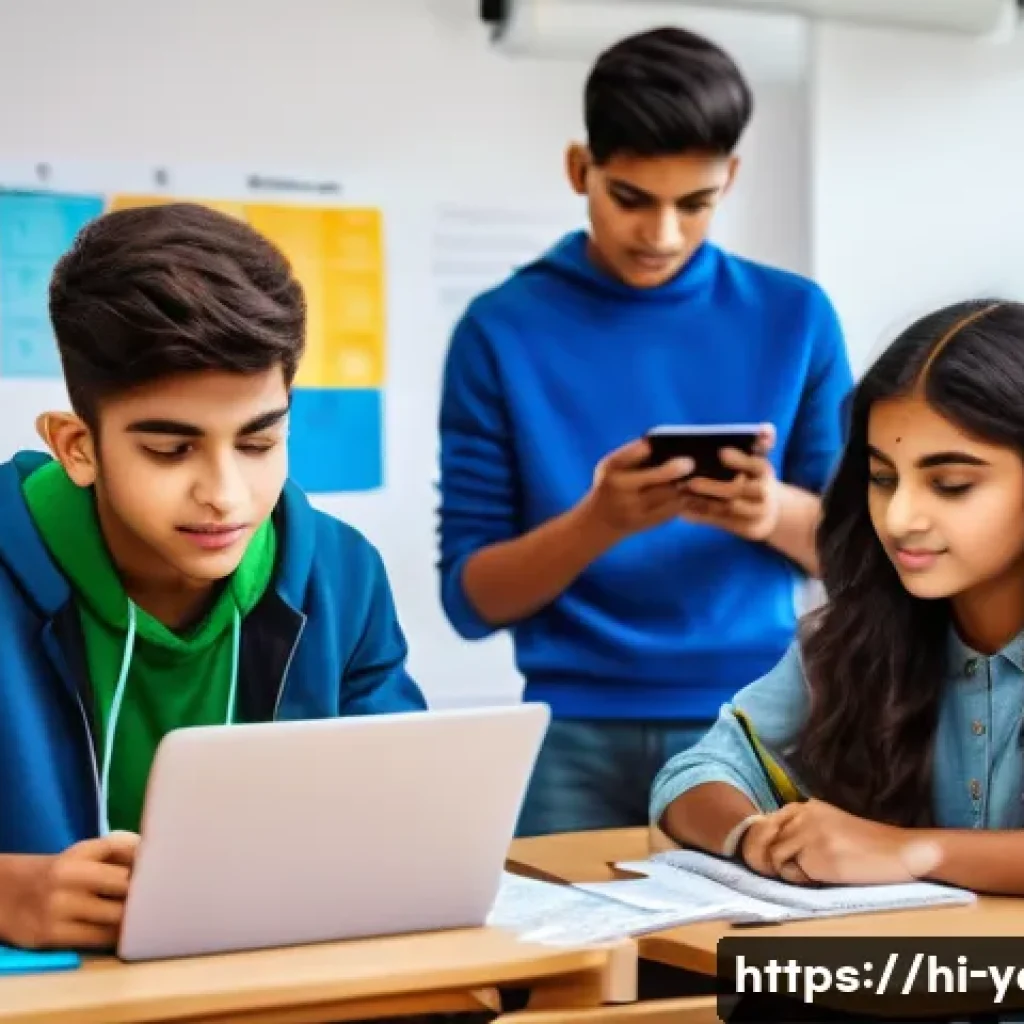 청소년지도사로서의 업무 자동화 도구 활용 - A diverse group of Indian teenagers using digital devices like tablets and laptops in a bright class...