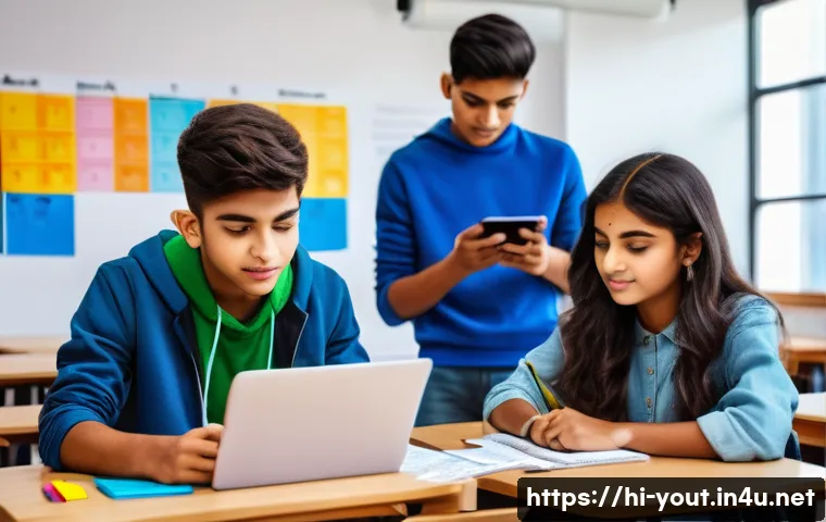 청소년지도사로서의 업무 자동화 도구 활용 - A diverse group of Indian teenagers using digital devices like tablets and laptops in a bright class...