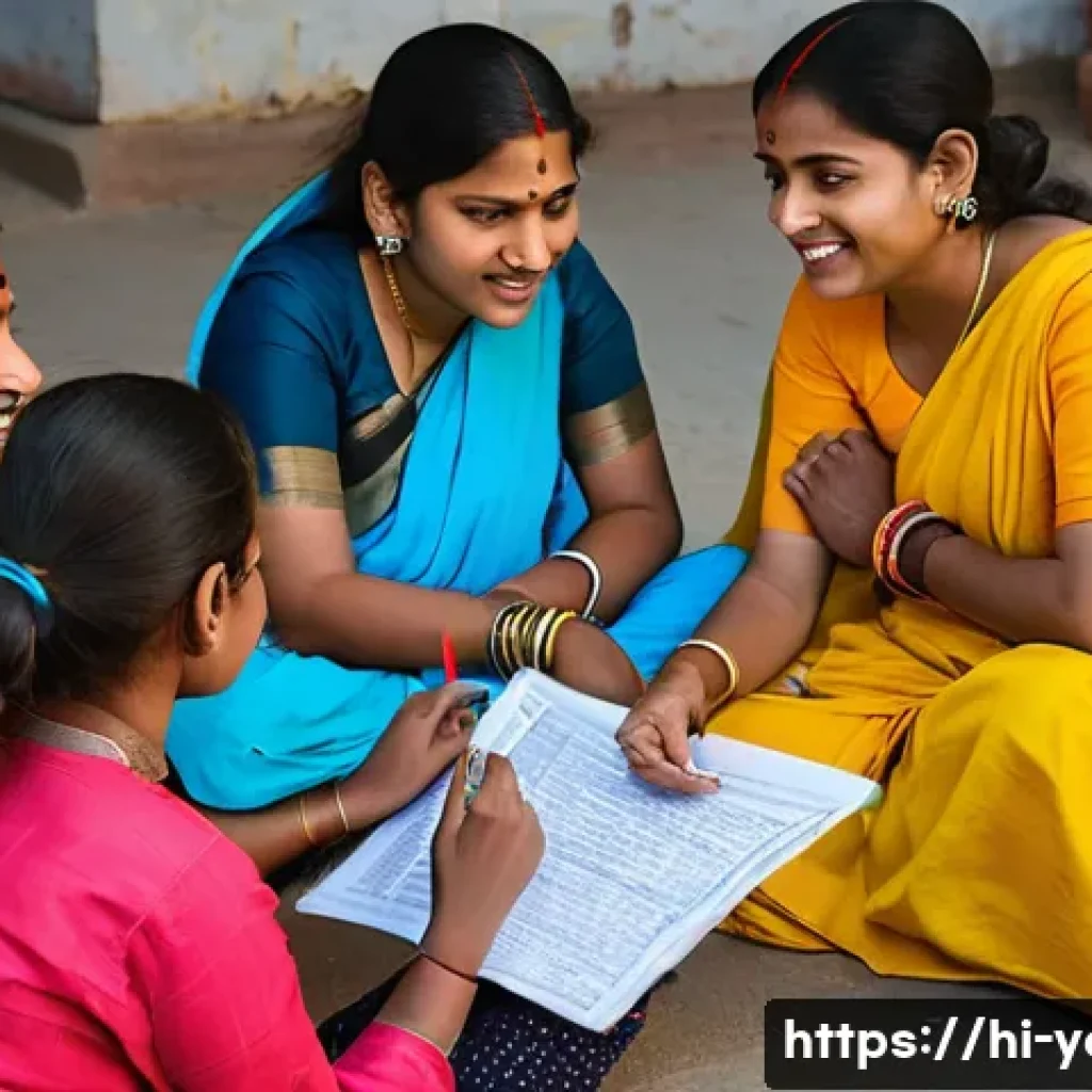 청소년지도사 자격증의 활용 분야 - A vibrant community workshop scene in an Indian village setting, featuring a diverse group of Hindi-...
