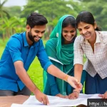 청소년지도사와 청소년 봉사 캠프 운영 - A diverse group of young Indian volunteers at a community service camp, wearing casual, modest cloth...