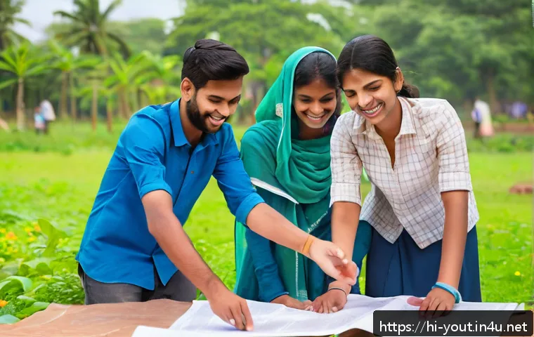 청소년지도사와 청소년 봉사 캠프 운영 - A diverse group of young Indian volunteers at a community service camp, wearing casual, modest cloth...