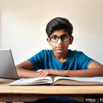 청소년지도사와 최신 청소년 문제 연구 - A thoughtful Indian teenage boy sitting at a study desk in a cozy, well-lit room, surrounded by book...