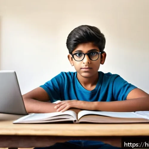 청소년지도사와 최신 청소년 문제 연구 - A thoughtful Indian teenage boy sitting at a study desk in a cozy, well-lit room, surrounded by book...