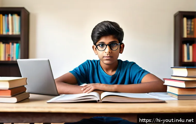 청소년지도사와 최신 청소년 문제 연구 - A thoughtful Indian teenage boy sitting at a study desk in a cozy, well-lit room, surrounded by book...