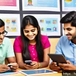 청소년지도사와 청소년 교육 콘텐츠 개발 - A vibrant digital classroom scene showing diverse Hindi-speaking Indian youth aged around 15-20 usin...