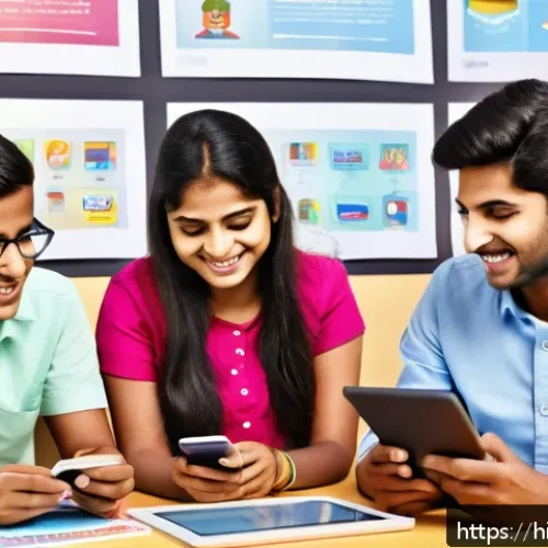 청소년지도사와 청소년 교육 콘텐츠 개발 - A vibrant digital classroom scene showing diverse Hindi-speaking Indian youth aged around 15-20 usin...