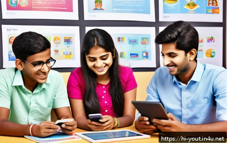 청소년지도사와 청소년 교육 콘텐츠 개발 - A vibrant digital classroom scene showing diverse Hindi-speaking Indian youth aged around 15-20 usin...