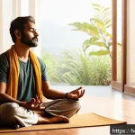 청소년지도사로서의 자기 관리 기술 - A serene and thoughtful Indian man sitting cross-legged on a wooden floor in a sunlit room, practici...
