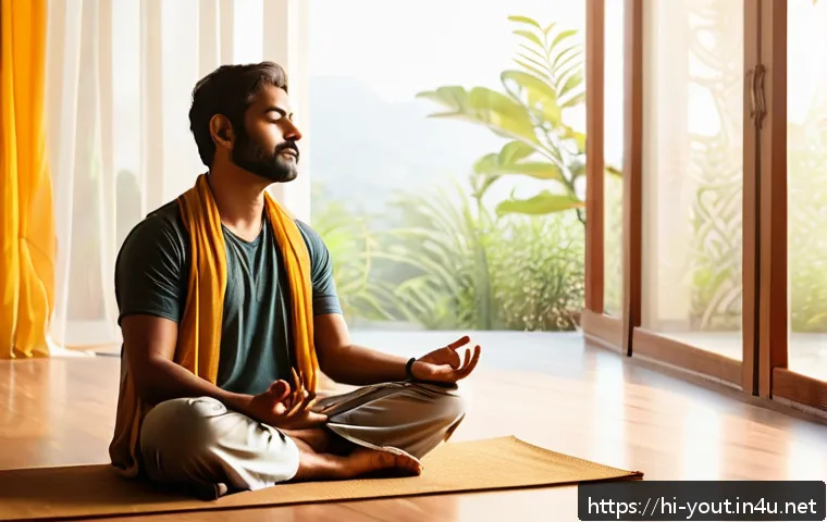 청소년지도사로서의 자기 관리 기술 - A serene and thoughtful Indian man sitting cross-legged on a wooden floor in a sunlit room, practici...