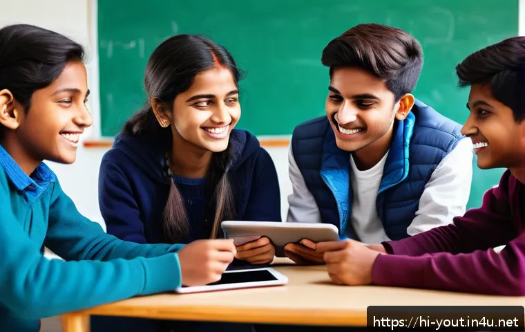 청소년지도사와 청소년의 교육 심리 활용 - A diverse group of Indian teenagers in a warm, supportive classroom environment, engaged in an inter...
